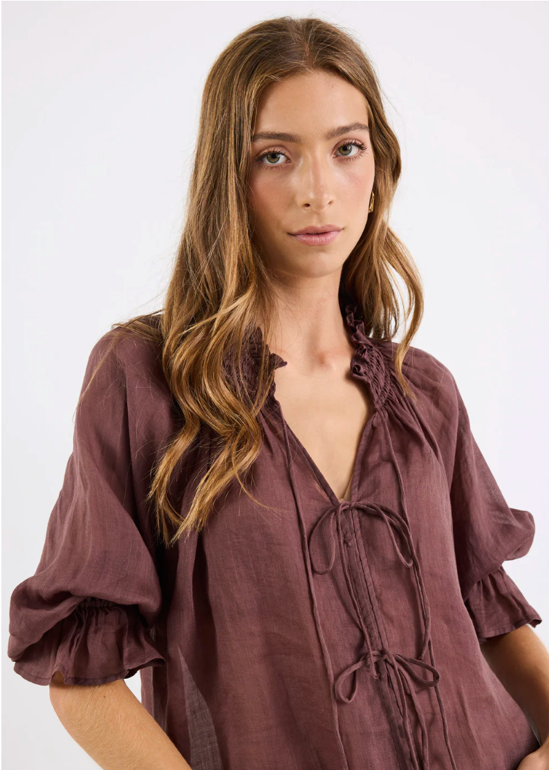 Prospect Chocolate Tie Front Mid Sleeve | Abbey Road Kaikoura