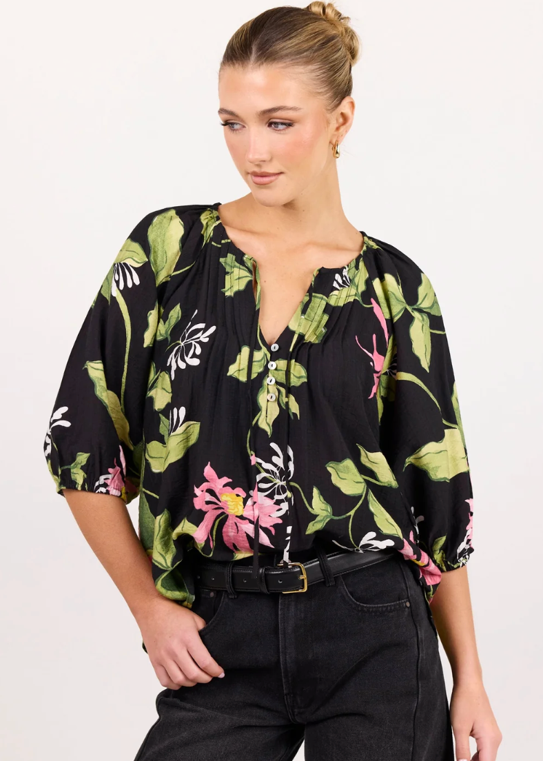 Refine Black Blush Floral Pintuck Front Mid Sleeve Top | Abbey Road Kaikoura