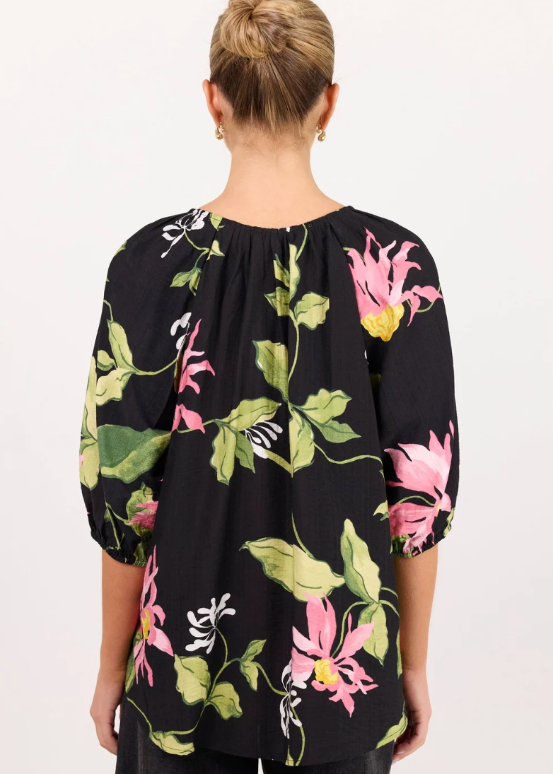 Refine Black Blush Floral Pintuck Front Mid Sleeve Top | Abbey Road Kaikoura