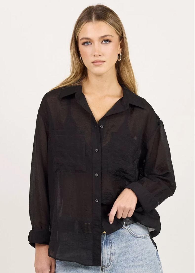 Reflex Black Semi Sheer Oversized Boyfriend Shirt | Abbey Road Kaikoura