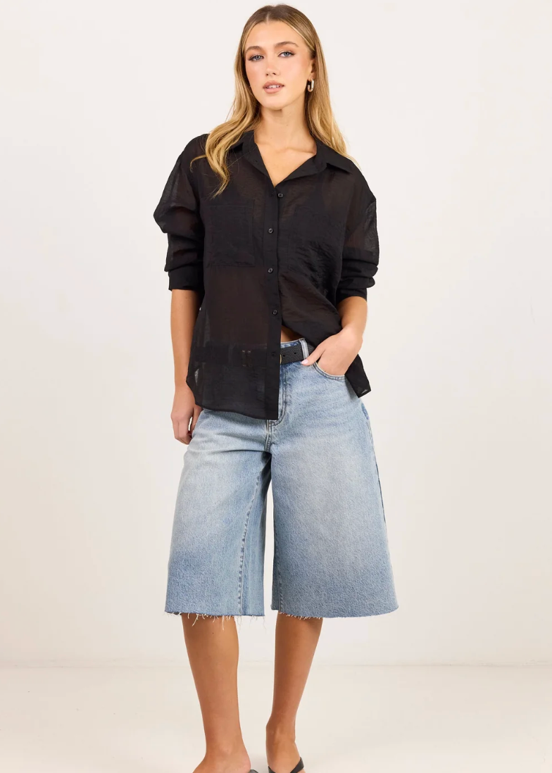 Reflex Black Semi Sheer Oversized Boyfriend Shirt | Abbey Road Kaikoura