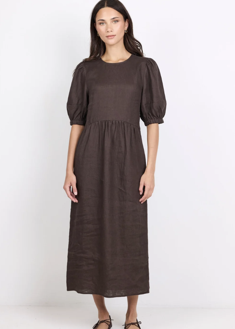 Relative Dark Chocolate Linen Puff Maxi Dress | Abbey Road Kaikoura