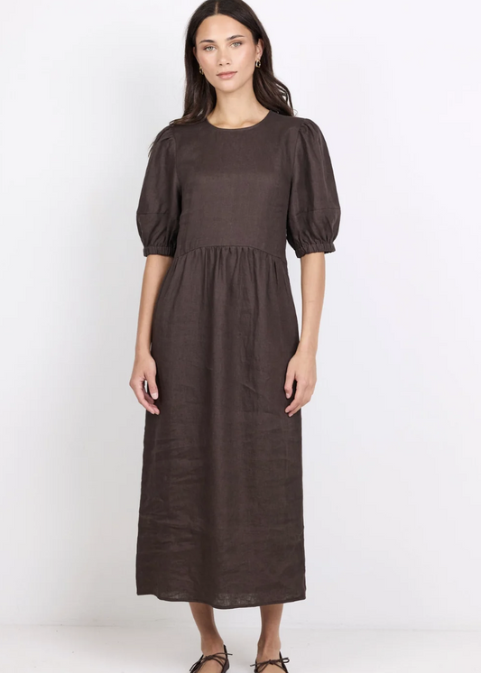 Relative Dark Chocolate Linen Puff Maxi Dress | Abbey Road Kaikoura