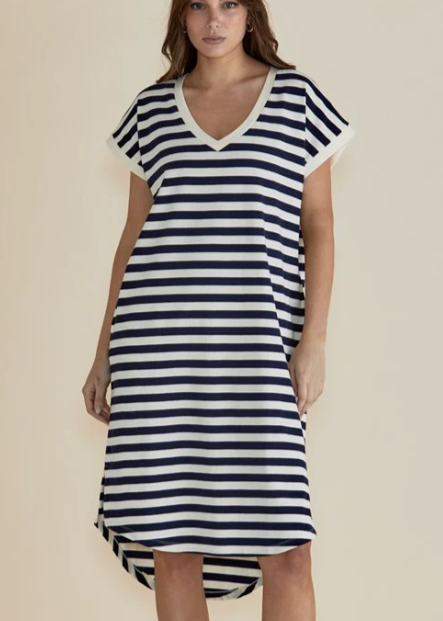 Betty Basics\Jolene T Shirt Dress-Navy/Cream Stripe|Abbey Road