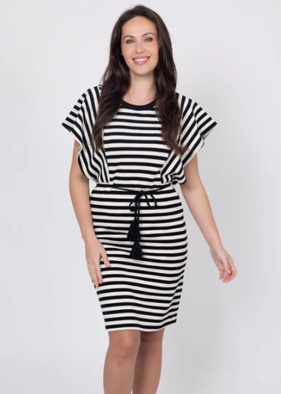 CHARLO | Bianca Stripe Dress - Black Cream | Abbey Road Kaikoura