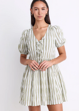 Load image into Gallery viewer, Frontier Khaki Stripe Puff Sleeve Tie Mini Dress | Abbey Road Kaikoura