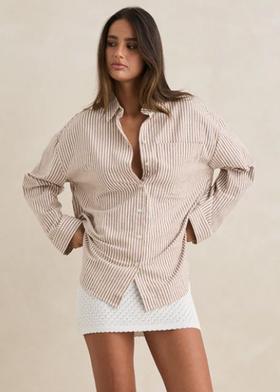 Valley Stripe Oversized Shirt - Tan | Abbey Road Kaikoura