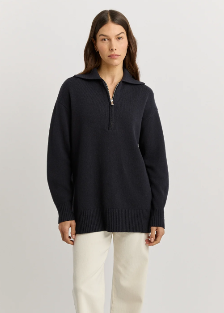 Relaxed Longline Zip Polo - French Navy | Abbey Road Kaikoura