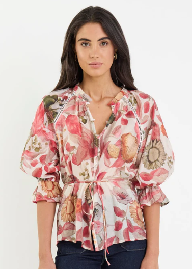 Usher Blush Woodland Floral Belted Button Front Top | Abbey Road Kaikoura