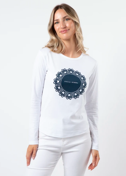 LS Tee White with Navy Doily | Abbey Road Kaikoura