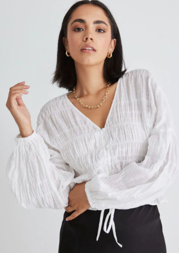 Ivy & Jack Jolie White Shirred Cotton LS Button Down Top White|Abbey Road