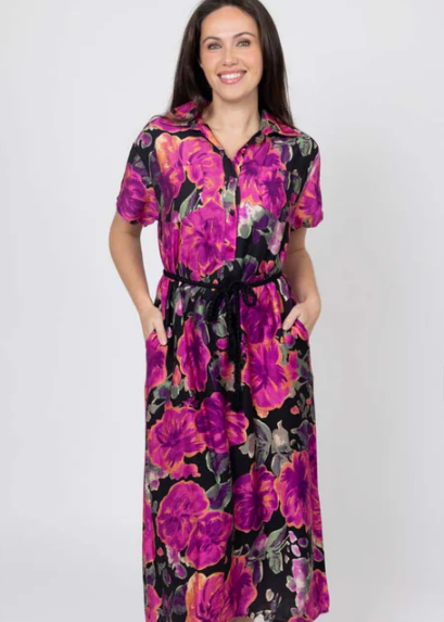CHARLO | Jet Shirt Dress - Black Floral | Abbey Road Kaikoura