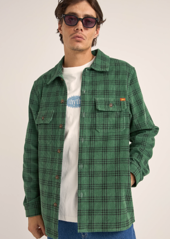 RHYTHM Cord Check Overshirt - Green  Abbey Road Kaikoura