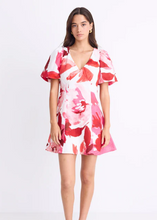 Load image into Gallery viewer, Adelaide White Poppy Floral Puff Sleeve Panelled Mini Dress | Abbey Road Kaikoura
