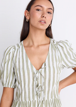 Load image into Gallery viewer, Frontier Khaki Stripe Puff Sleeve Tie Mini Dress | Abbey Road Kaikoura