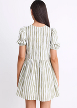 Load image into Gallery viewer, Frontier Khaki Stripe Puff Sleeve Tie Mini Dress | Abbey Road Kaikoura