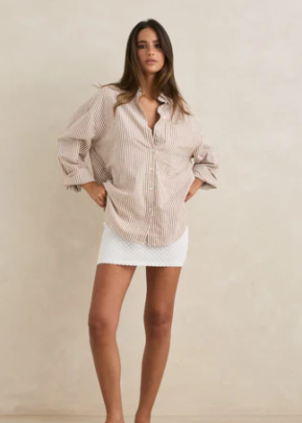 Valley Stripe Oversized Shirt - Tan | Abbey Road Kaikoura
