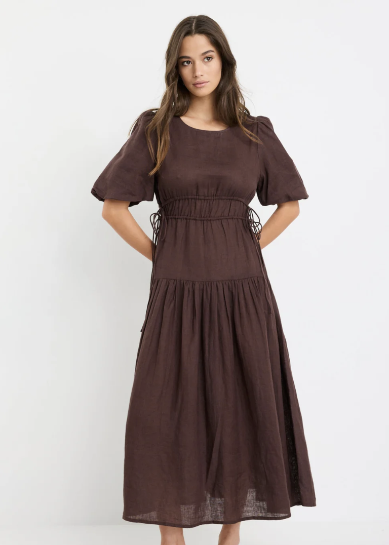 Glory Chocolate Linen Puff Sleeve Midi Dress | Abbey Road Kaikoura
