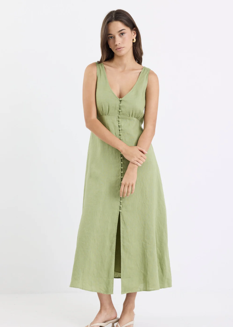 Panama Moss Sleeveless Button Front Midi dress | Abbey Road Kaikoura