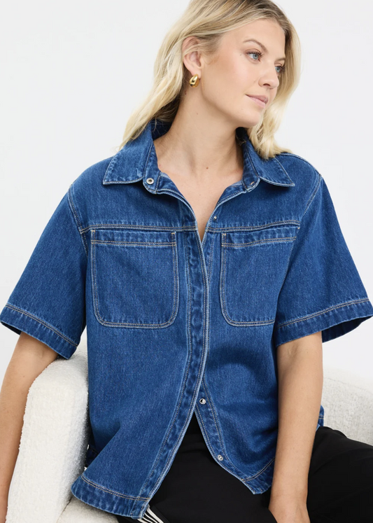 Crucial Storm Blue Denim Short Sleeve Shacket | Abbey Road Kaikoura