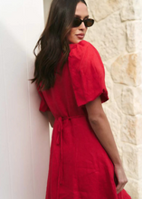 Load image into Gallery viewer, Adelaide Cherry Linen Puff Sleeve Panelled Mini Dress  | Abbey Road Kaikoura