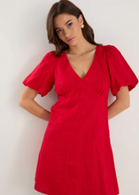 Load image into Gallery viewer, Adelaide Cherry Linen Puff Sleeve Panelled Mini Dress  | Abbey Road Kaikoura