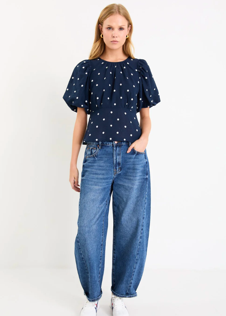 Finali Navy Polka Dot Bubble Sleeve Top | Abbey Road Kaikoura