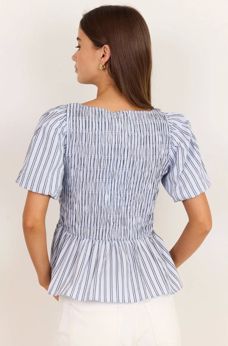 Artifact Pale Blue Stripe Shirred Bubble Sleeve Top