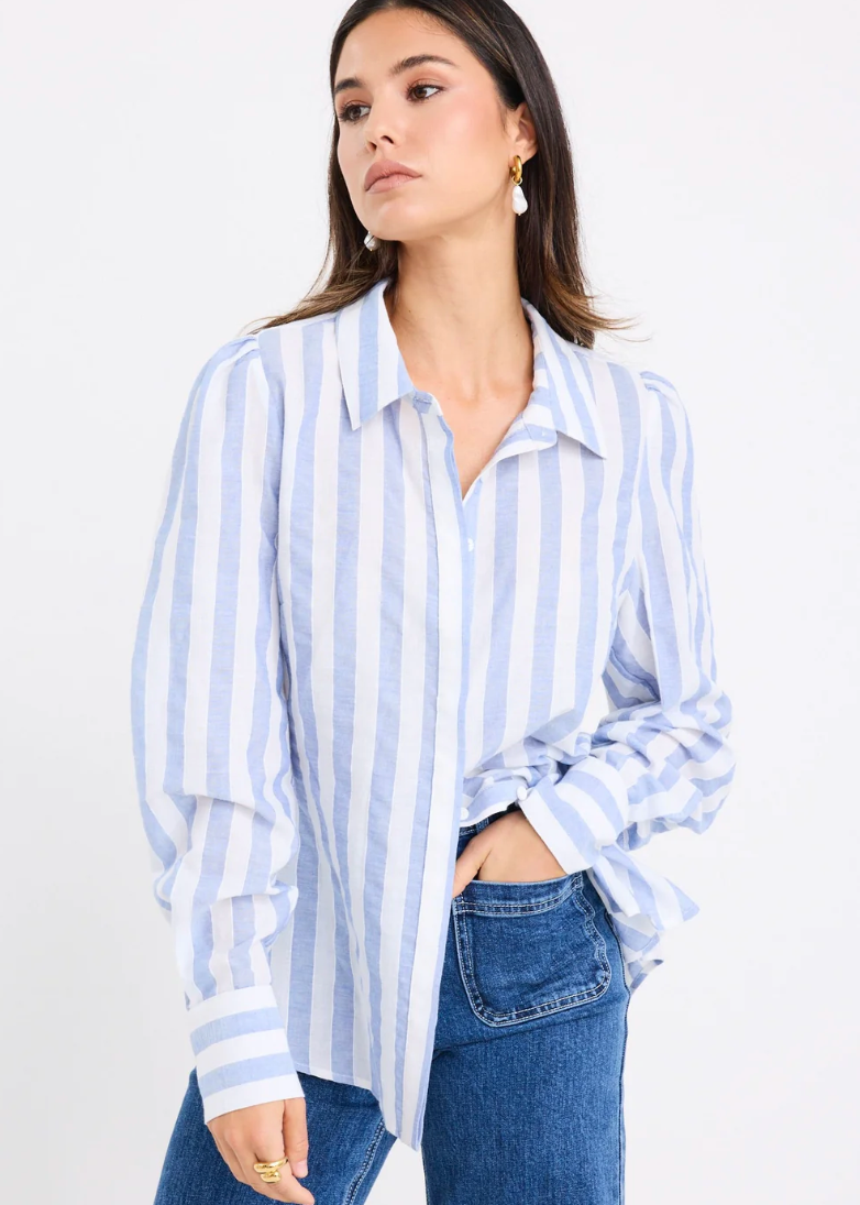 Solidify Sky Blue Stripe Puff Sleeve LS Shirt | Abbey Road Kaikoura