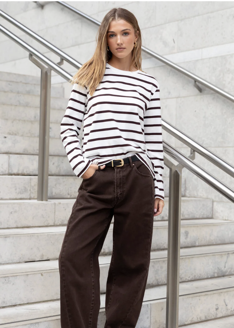 Tether Chocolate White Stripe LS Boxy Tee | Abbey Road Kaikoura