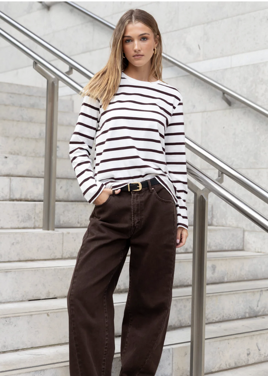 Tether Chocolate White Stripe LS Boxy Tee | Abbey Road Kaikoura