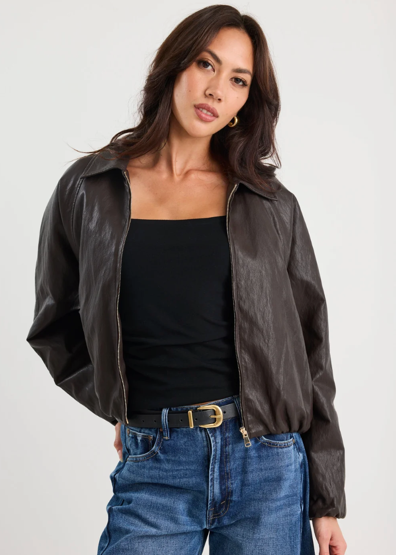 Troupe Chocolate PU Leather Bubble Hem Jacket | Abbey Road Kaikoura