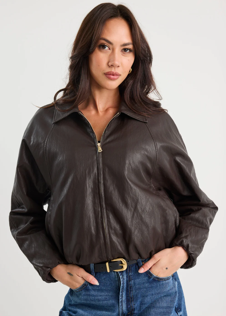 Troupe Chocolate PU Leather Bubble Hem Jacket | Abbey Road Kaikoura