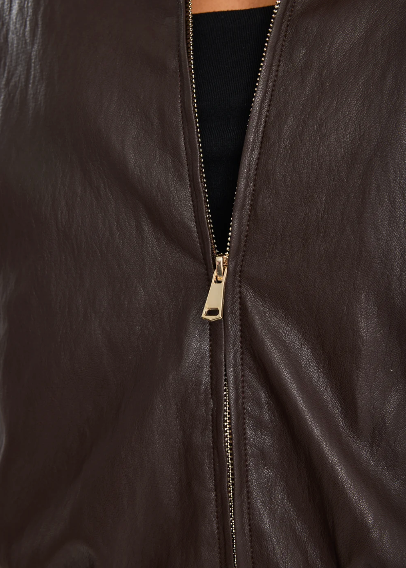 Troupe Chocolate PU Leather Bubble Hem Jacket | Abbey Road Kaikoura