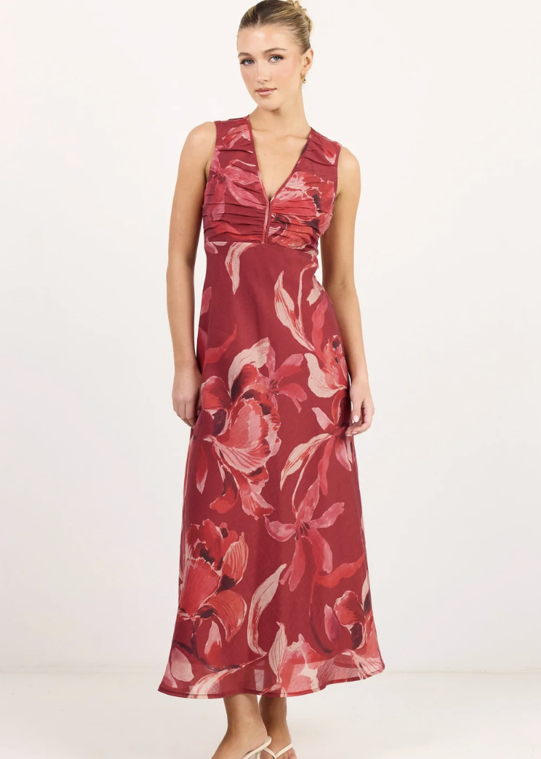 Tuck Large Red Peony Sleeveless Pleat Front Maxi Dress | Abbey Road Kaikoura