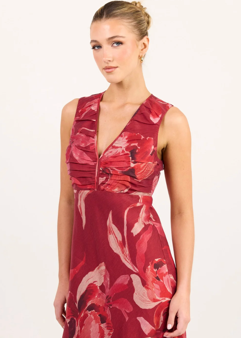 Tuck Large Red Peony Sleeveless Pleat Front Maxi Dress | Abbey Road Kaikoura