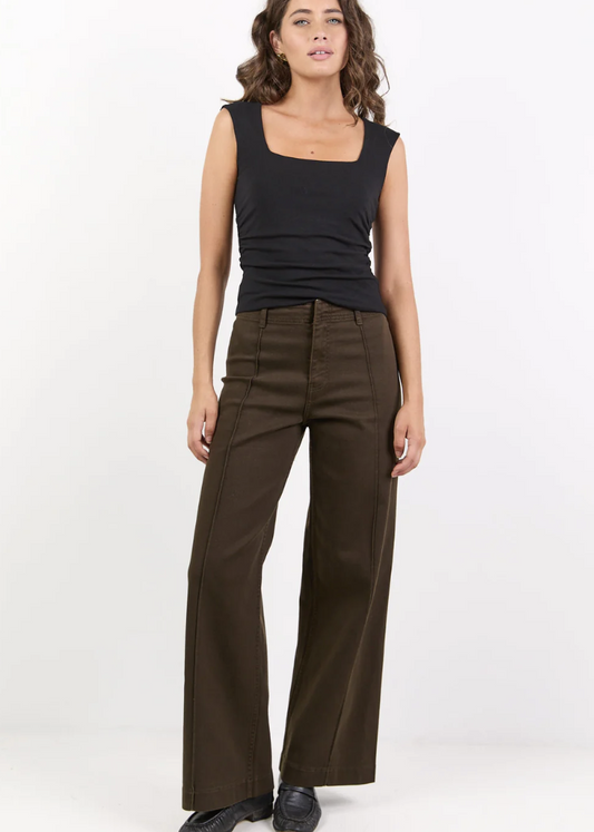 Tune Chocolate Stretch Pintuck Front Wide Leg Jean Pants  | Abbey Road Kaikoura