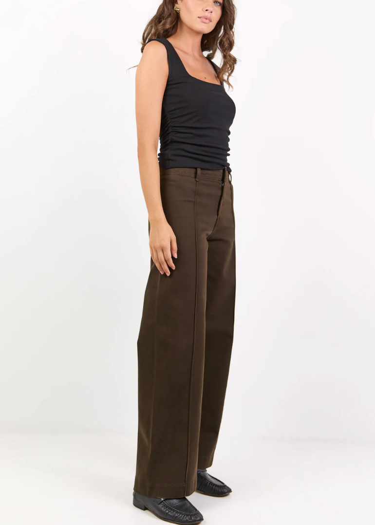 Tune Chocolate Stretch Pintuck Front Wide Leg Jean Pants  | Abbey Road Kaikoura