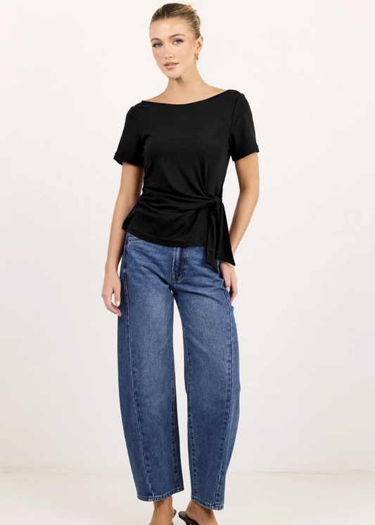 Turn Black Boat Neck Knot Front Short Sleeve Top | Abbey Road Kaikoura