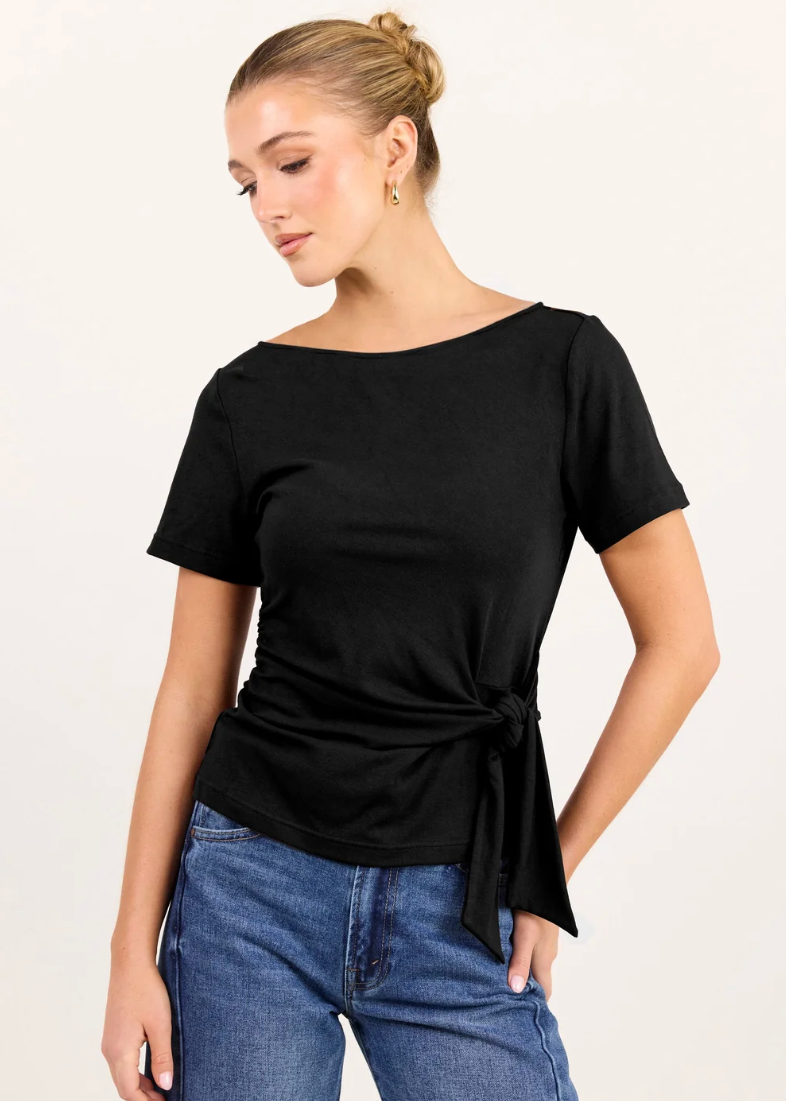 Turn Black Boat Neck Knot Front Short Sleeve Top | Abbey Road Kaikoura