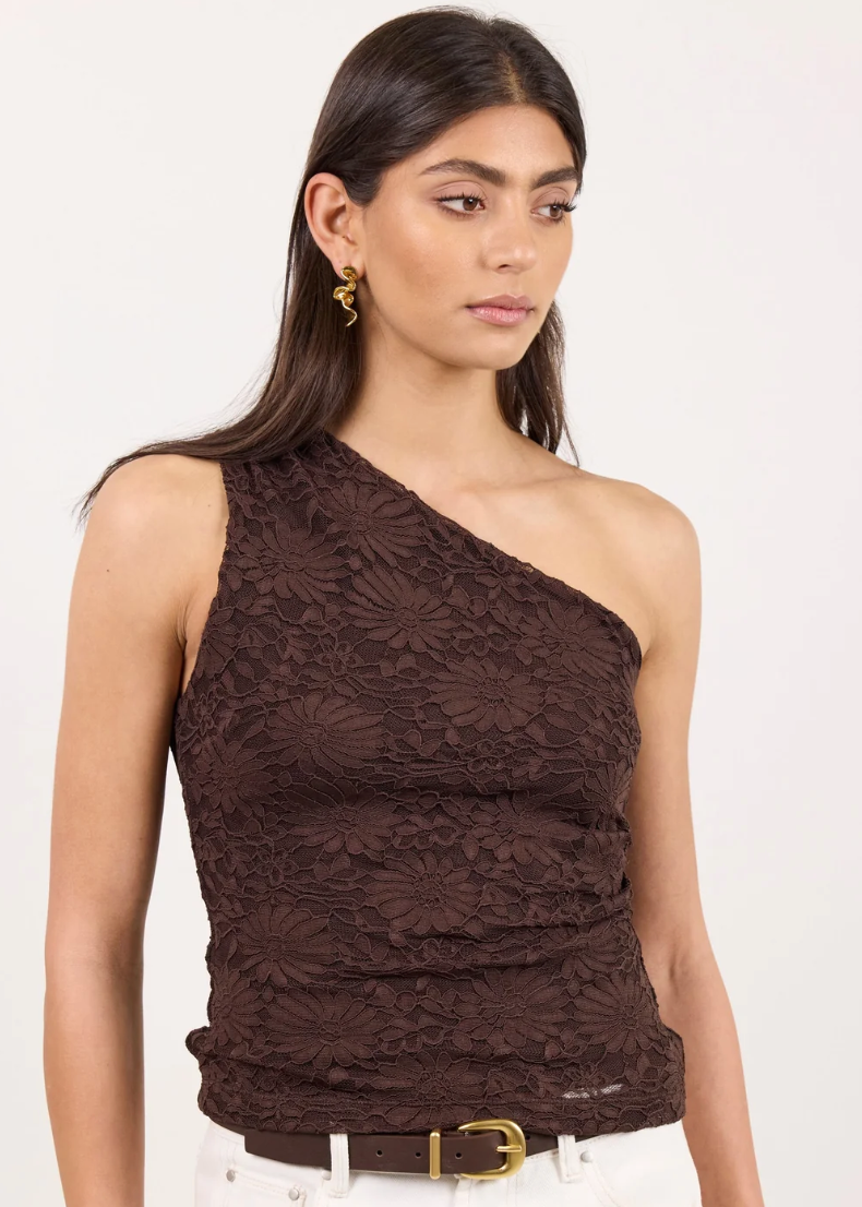 Virtue Chocolate Lace One Shoulder Top | Abbey Road Kaikoura