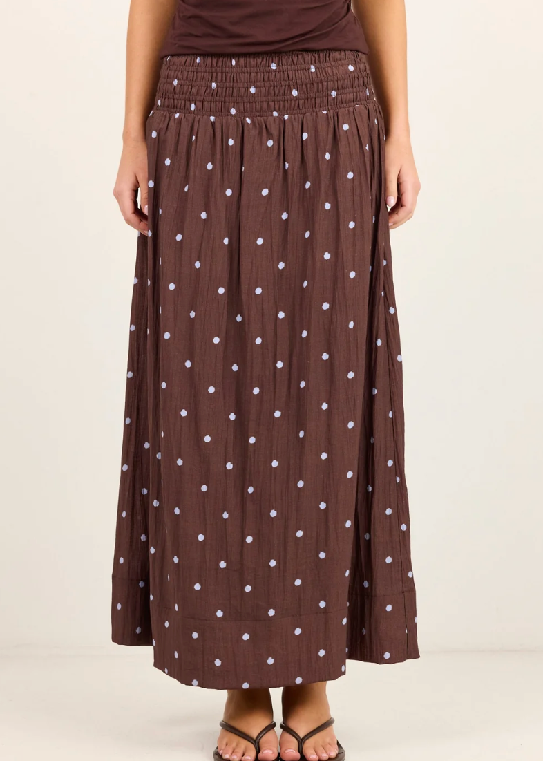 Wanderlust Mocha Blue Polka Dot Shirred Waist Maxi Skirt | Abbey Road Kaikoura