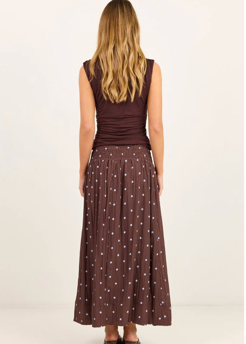Wanderlust Mocha Blue Polka Dot Shirred Waist Maxi Skirt | Abbey Road Kaikoura