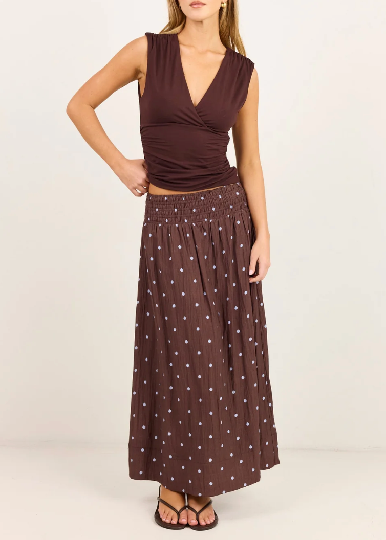 Wanderlust Mocha Blue Polka Dot Shirred Waist Maxi Skirt | Abbey Road Kaikoura