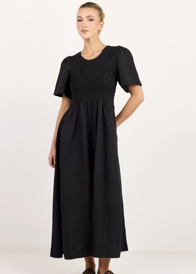 Wren Black Linen Blend SS Shirred Bodice Midi Dress | Abbey Road Kaikoura