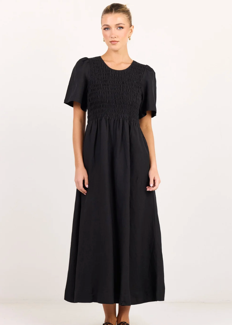 Wren Black Linen Blend SS Shirred Bodice Midi Dress | Abbey Road Kaikoura