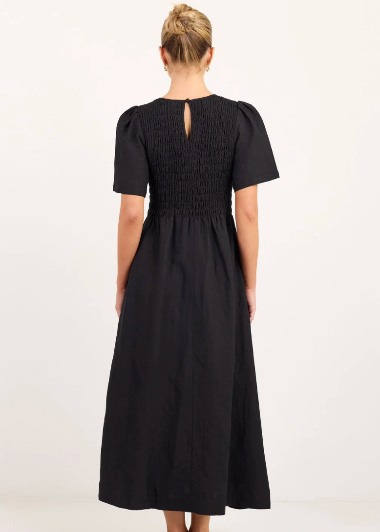 Wren Black Linen Blend SS Shirred Bodice Midi Dress | Abbey Road Kaikoura
