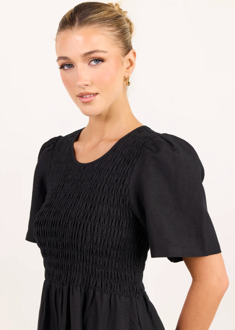 Wren Black Linen Blend SS Shirred Bodice Midi Dress | Abbey Road Kaikoura