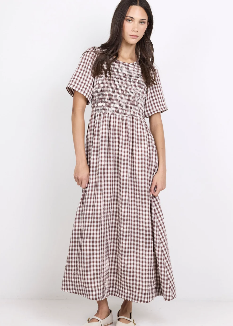 Wren Chocolate Gingham Shirred Bodice Midi Dress | Abbey Road Kaikoura