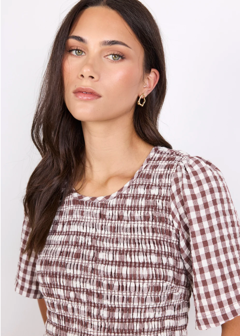 Wren Chocolate Gingham Shirred Bodice Midi Dress | Abbey Road Kaikoura